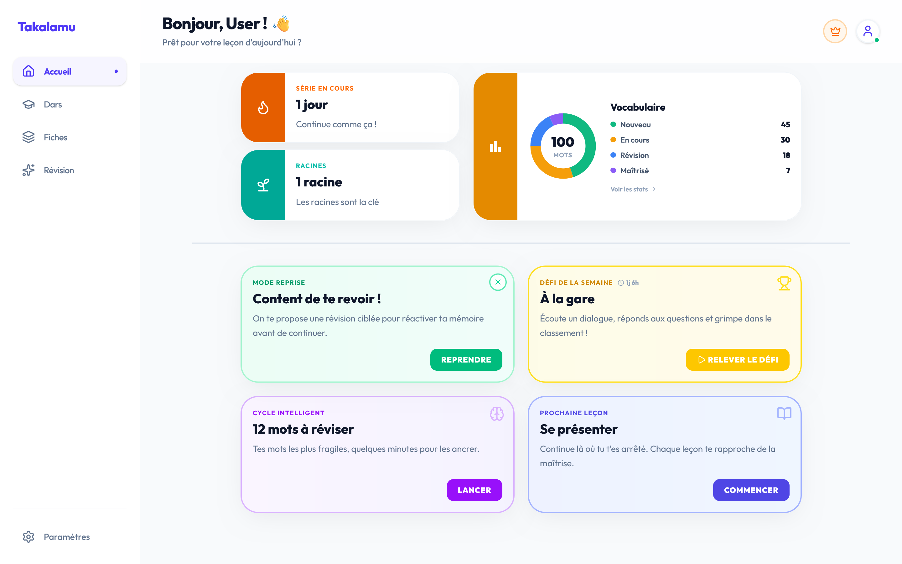 Takalamu Arabic learning app — dashboard on desktop
